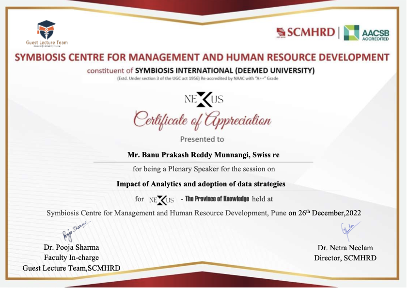 SCMHRD Symbiosis Pune MBA guest lecture certificate