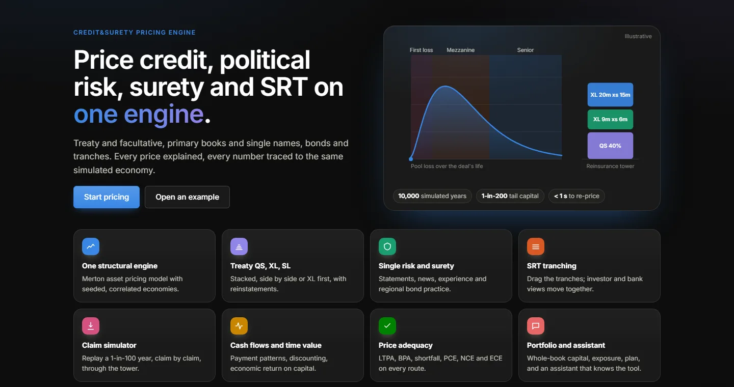 Credit & Surety Pricing Engine home screen