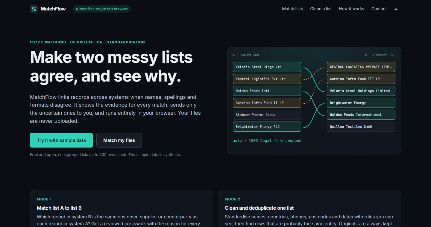 MatchFlow matching messy company names between two lists